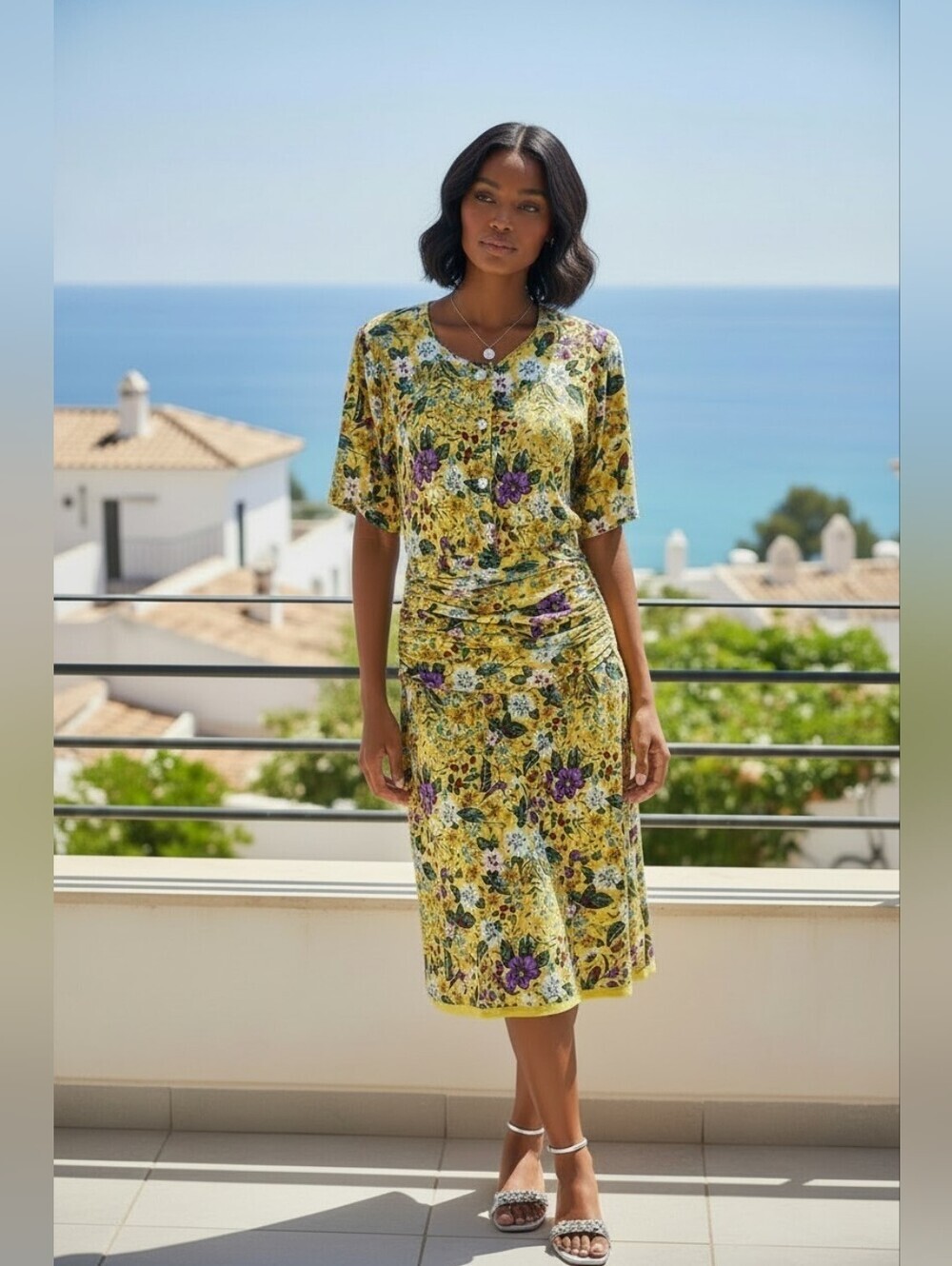 Vintage Albert Nipon Boutique 100% Silk Yellow Floral Dress Size 6 USA